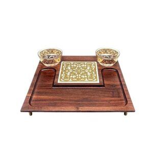 Vintage Georges Briard Square Wood Gold Scroll Tile Footed Board